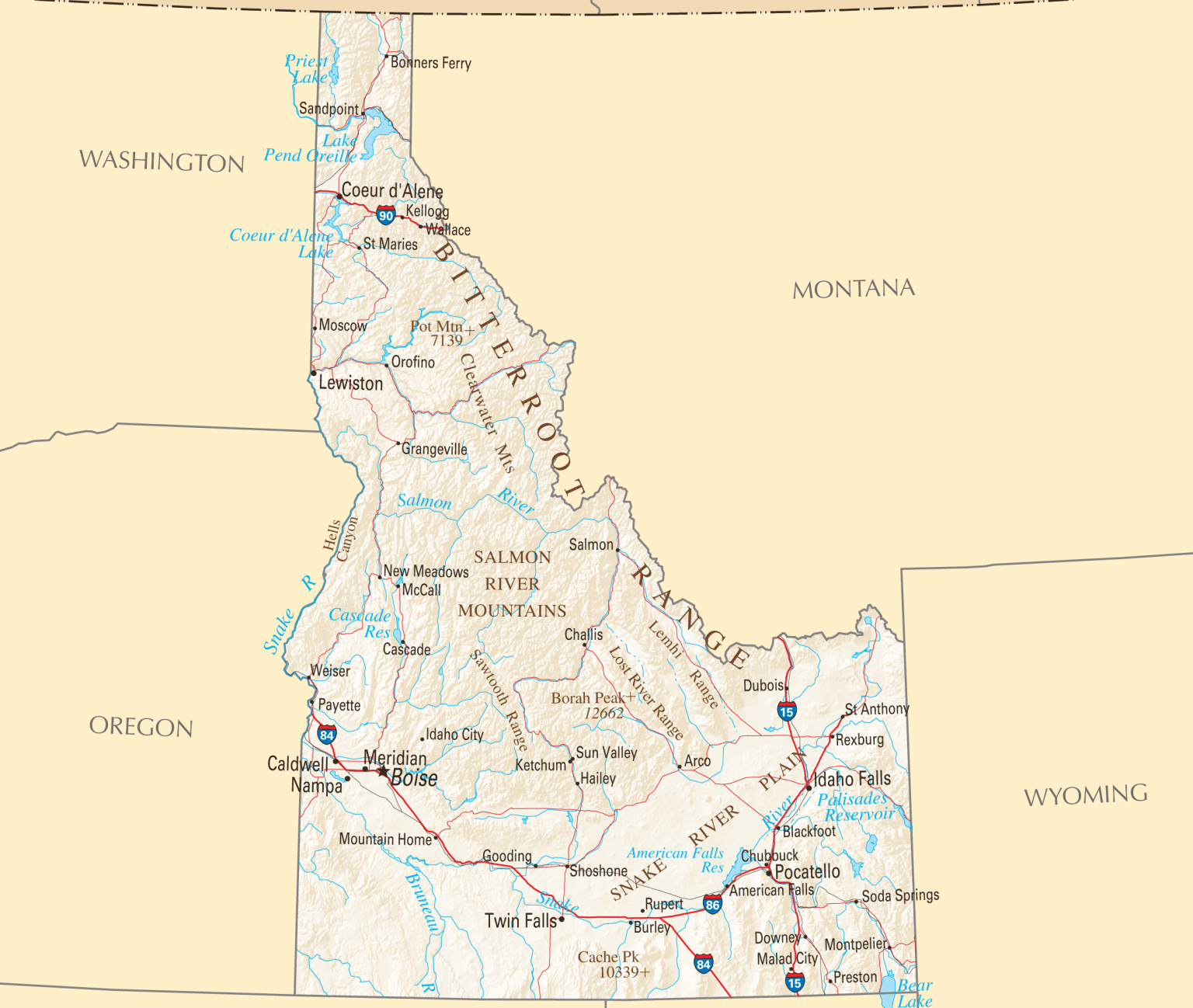 Idaho state map, USA | Cities and populated places on the map (ID)