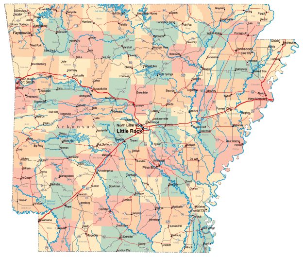 Arkansas state map, USA | Cities and populated places on the map (AR)