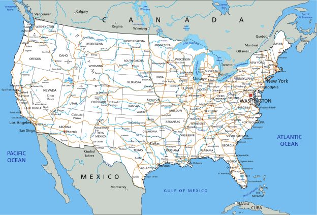 USA map satellite images | States and cities on the map US