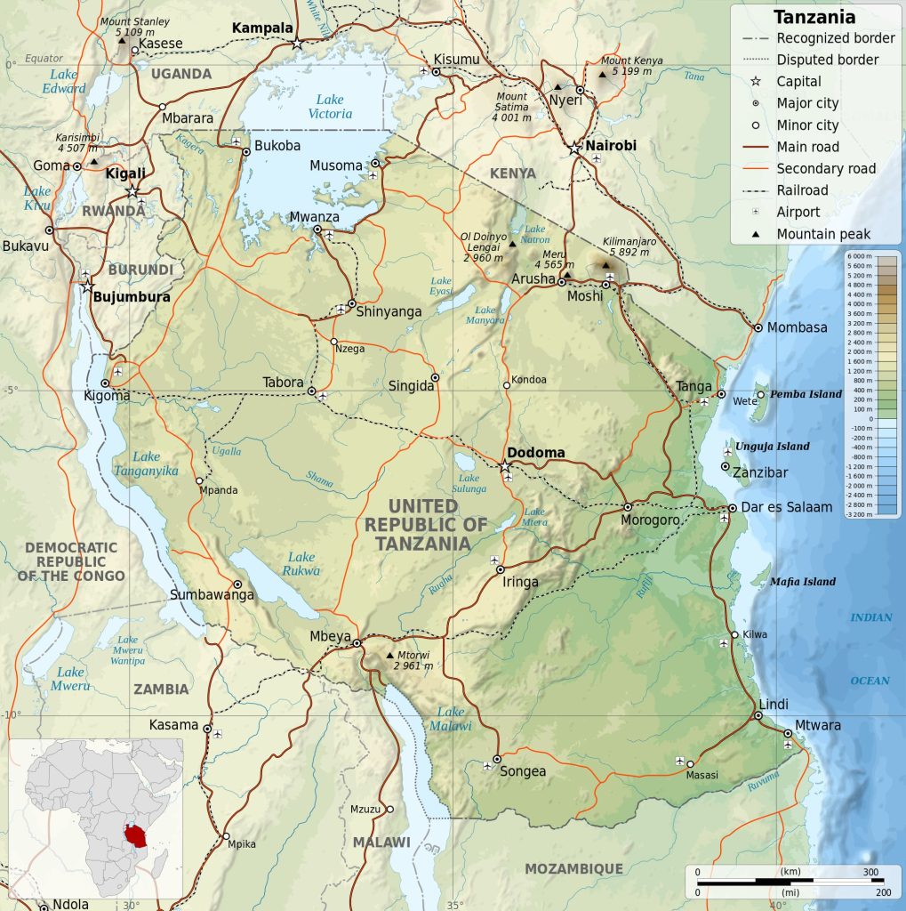 Physical map of Tanzania