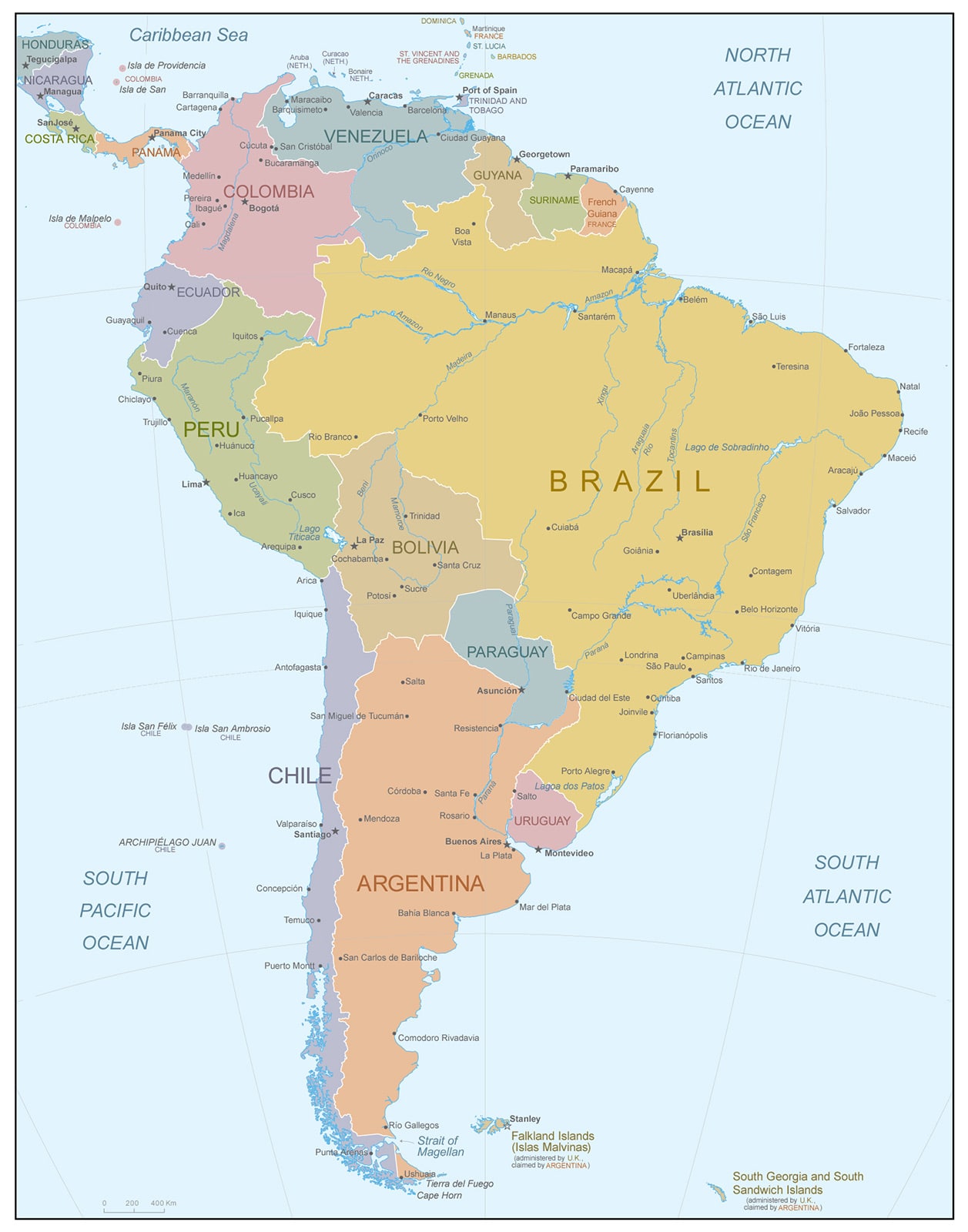 South America map | Countries with borders of South America