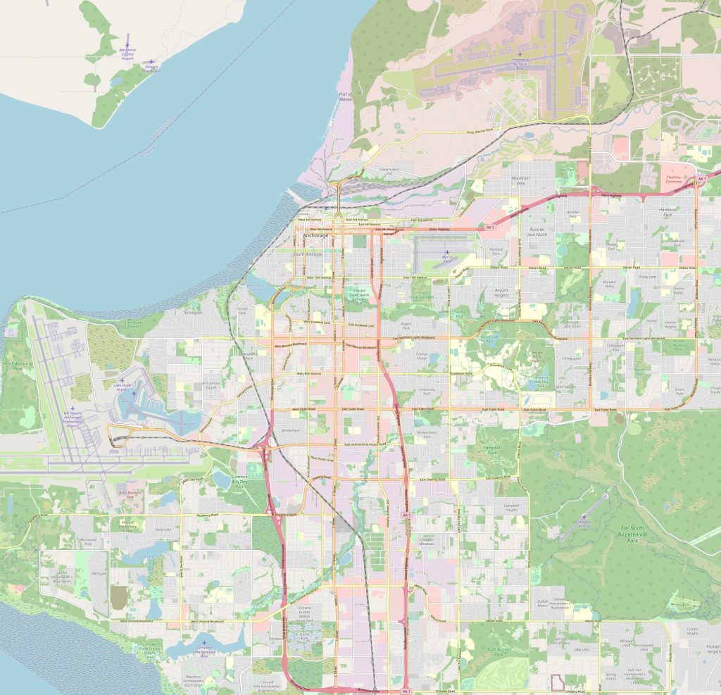 Schematic map of Anchorage with streets and freeways