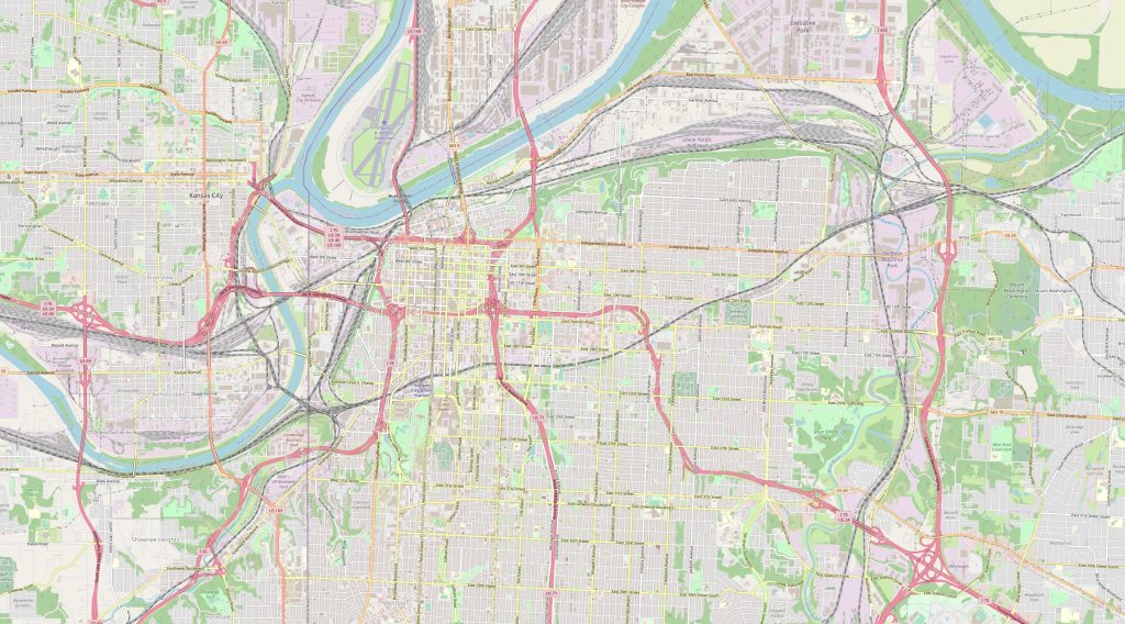 Schematic map of Kansas City with streets and freeways
