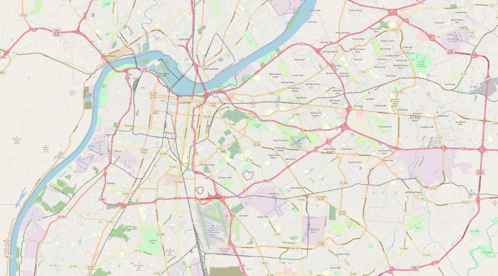 Schematic map of Louisville with streets and freeways