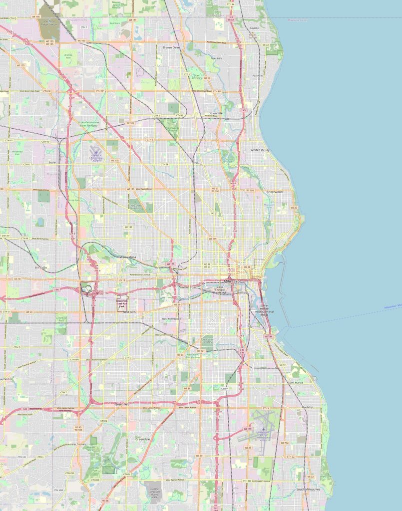 Schematic map of Milwaukee with highways and airports
