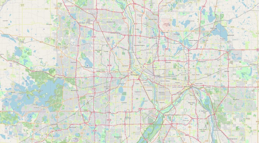 Schematic map of Minneapolis with streets and freeways