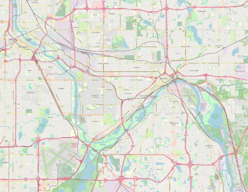 Schematic map of Saint Paul with freeways and airports