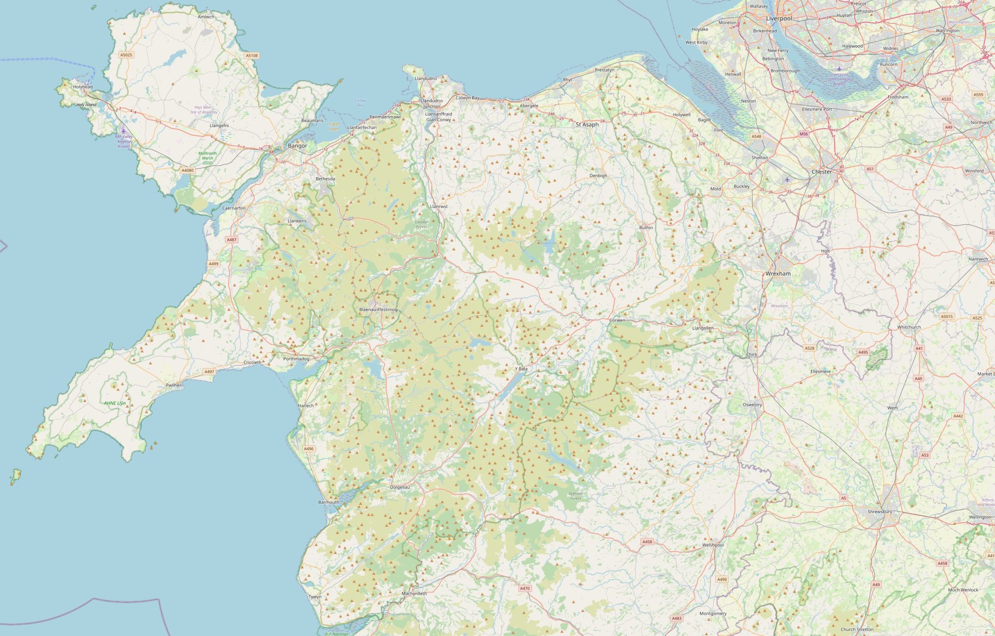 North Wales map, UK Coastline and cities on the map