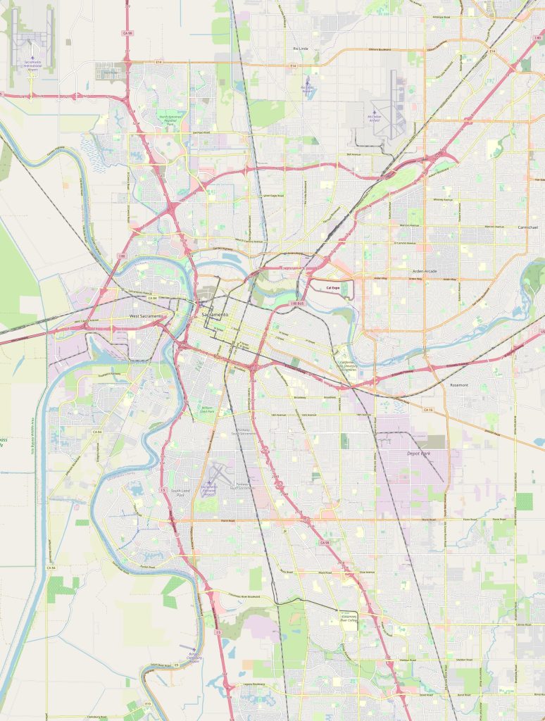 Schematic map of Sacramento with roads and streets