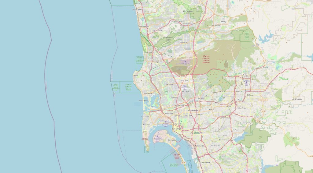 Map of San Diego with roads and airports