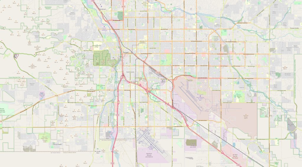 Schematic map of Tucson with highways and airports