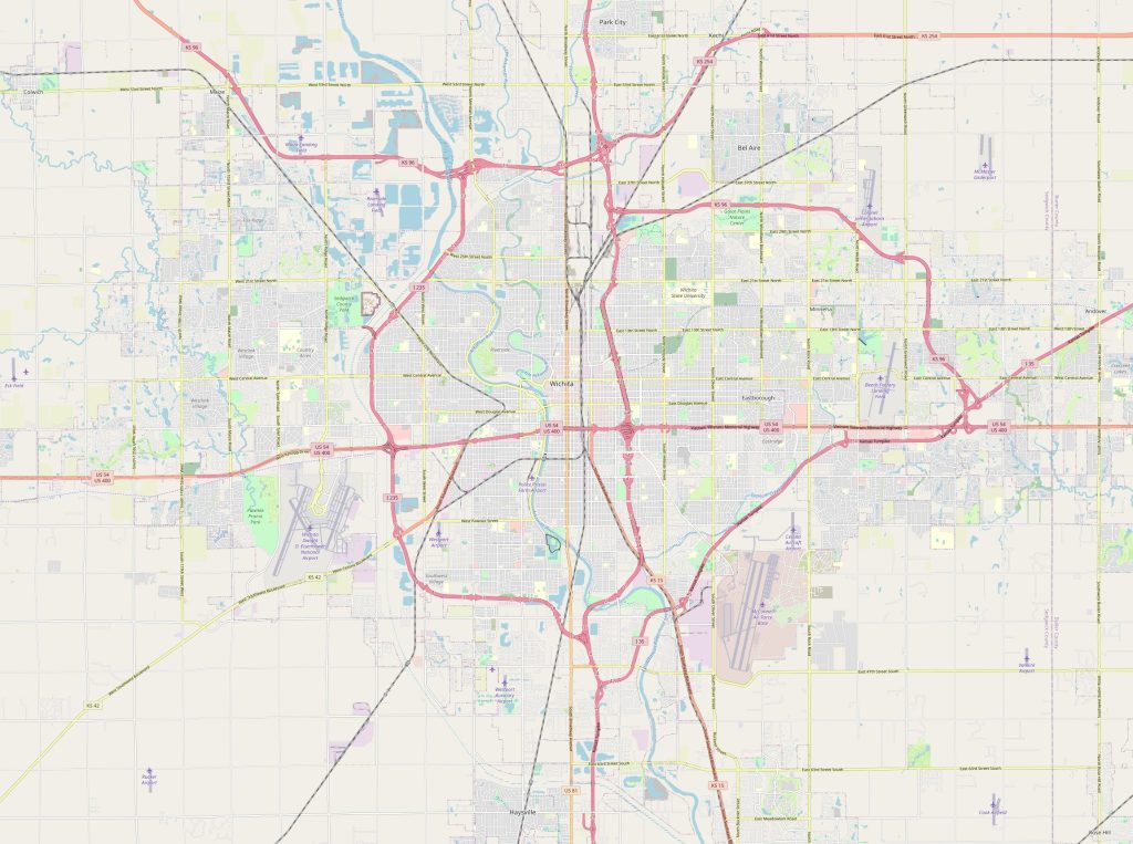 Schematic map of Wichita with freeways and streets