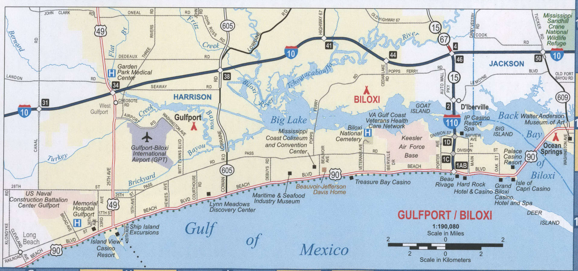 Biloxi And Gulfport MS Roads Map 