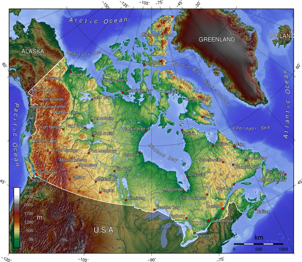 Topographic map of Canada with elevations