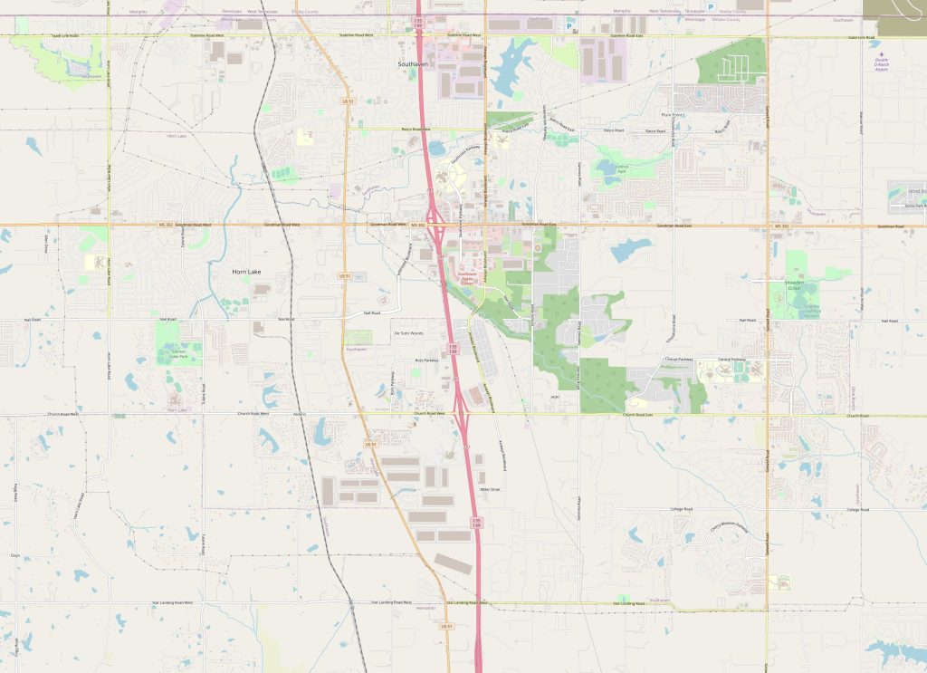 Schematic map of Southaven with streets, roads, and neighborhoods