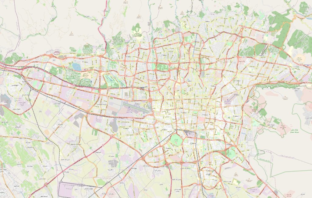 Schematic map of Tehran with streets, roads and surroundings