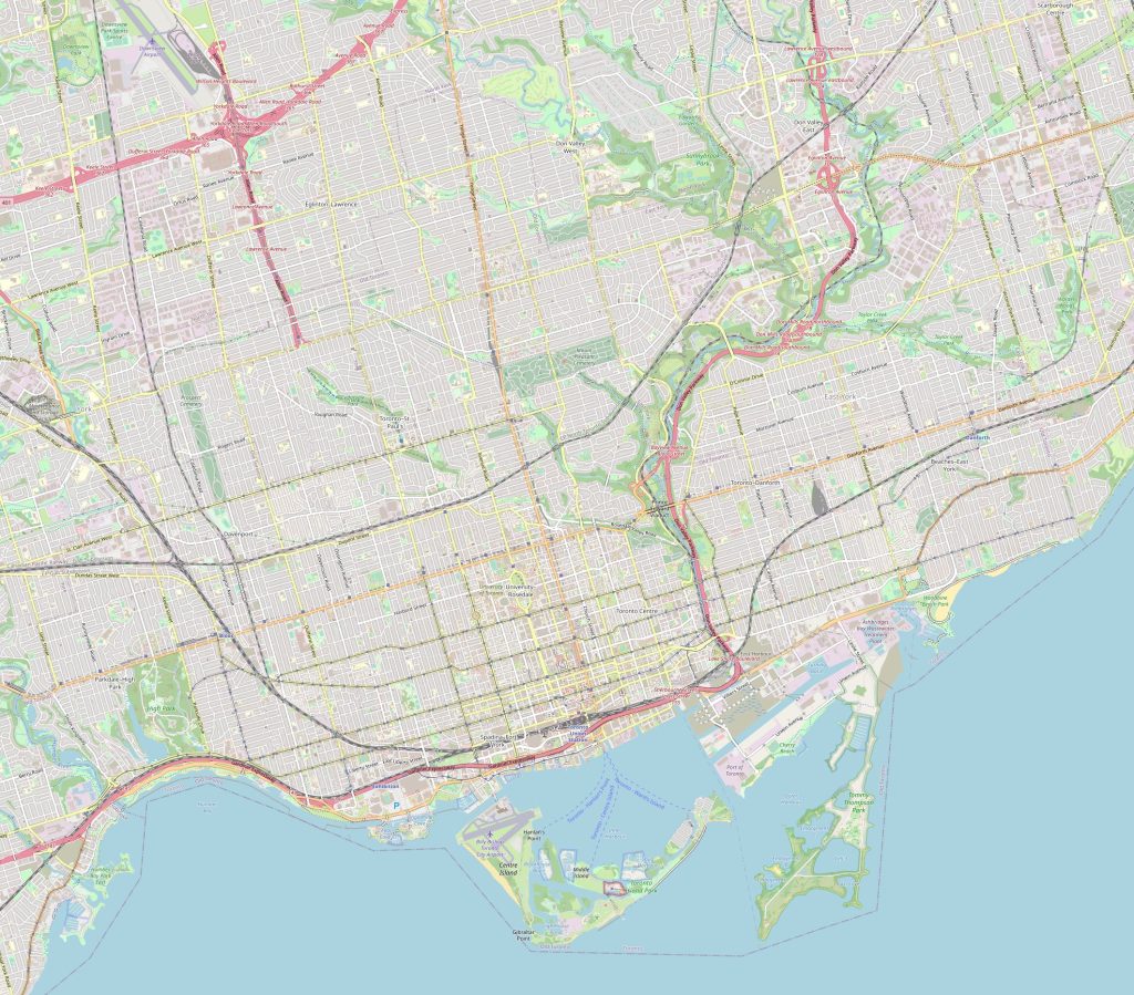 Schematic map of Toronto with streets, roads and surroundings