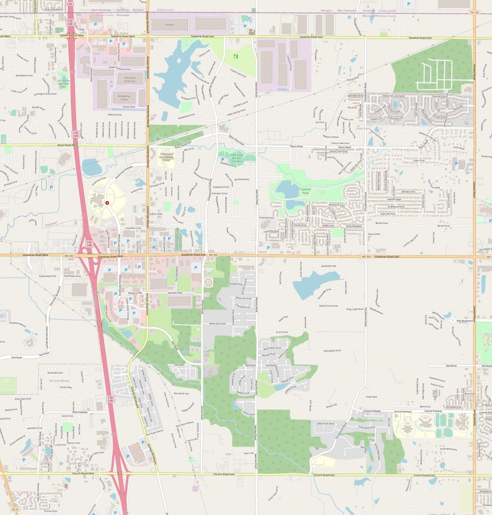 Map of central Southaven, Mississippi