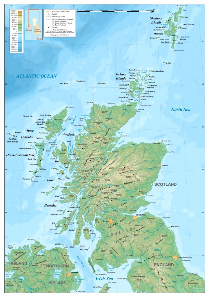Physical map of Scotland with landscape and relief