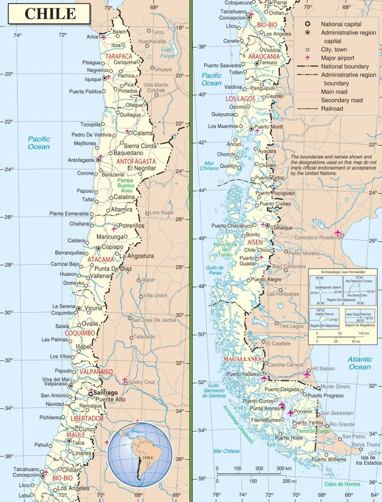 Political map of Chile with borders and neighboring states