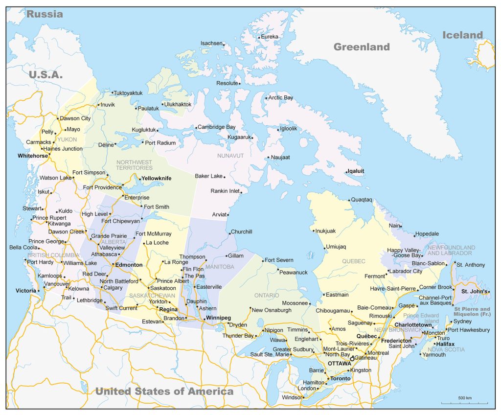 Political map of Canada with borders and neighboring states
