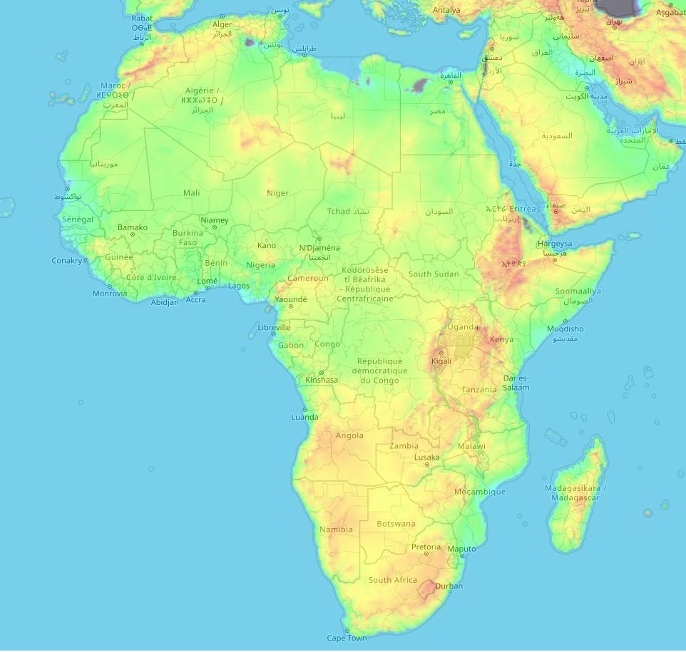 Africa topographic map, elevation and landscape