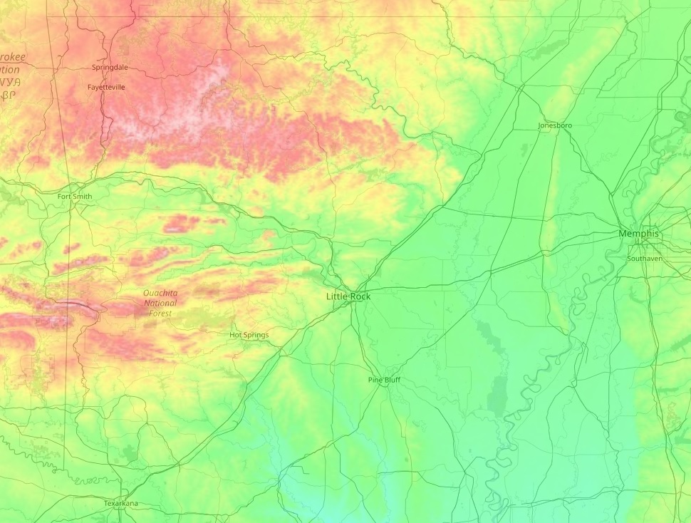 Arkansas topographic map, elevation and landscape