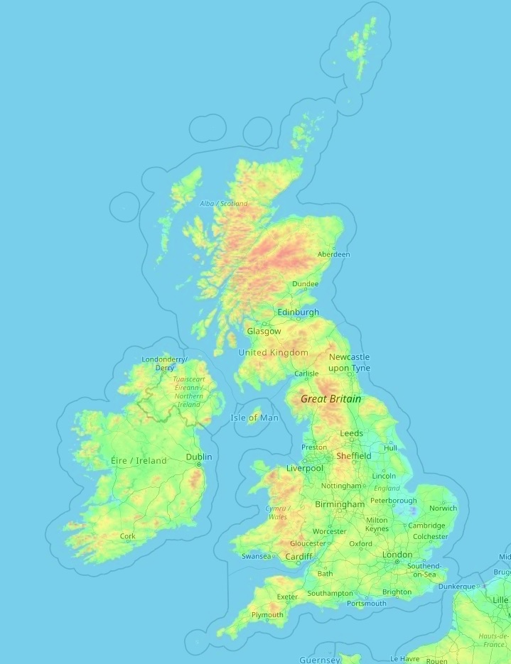 United Kingdom (UK) topographic map, elevation and landscape