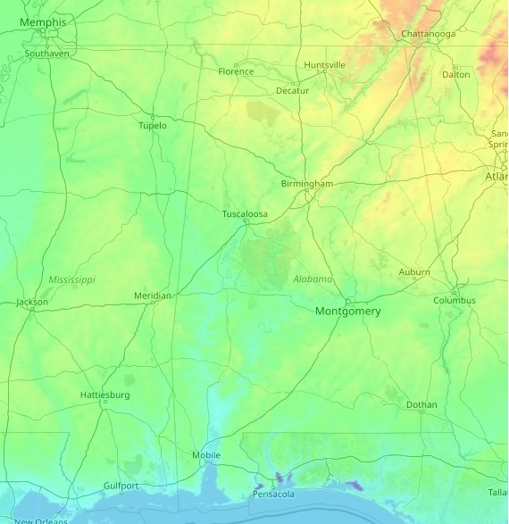 Alabama topographic map, elevation and landscape