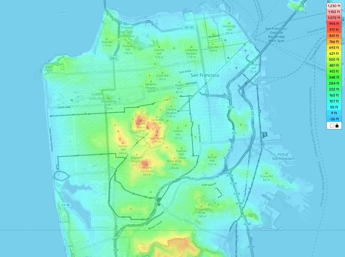 San Francisco topographic map, elevation and landscape