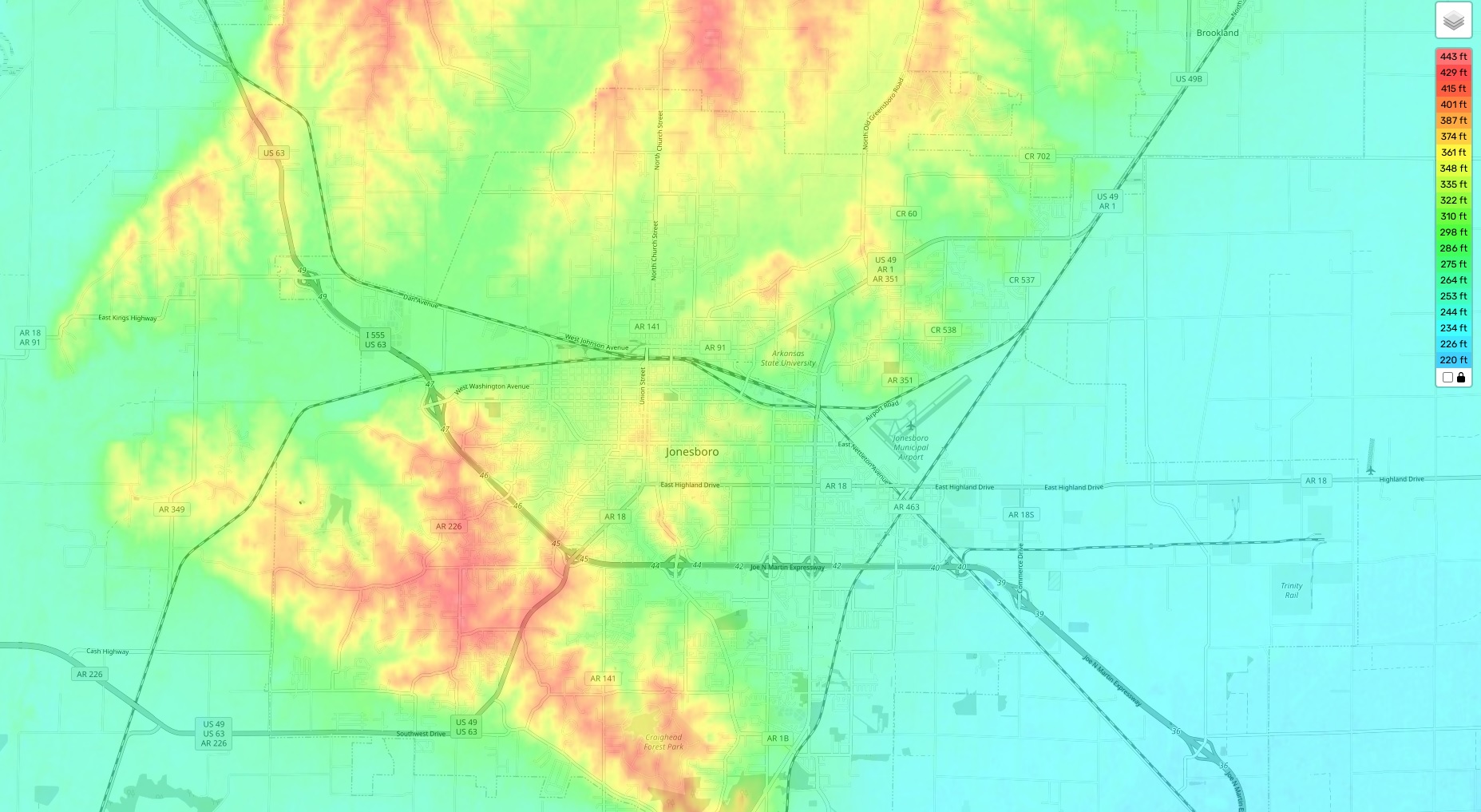 Jonesboro topographic map, elevation and landscape