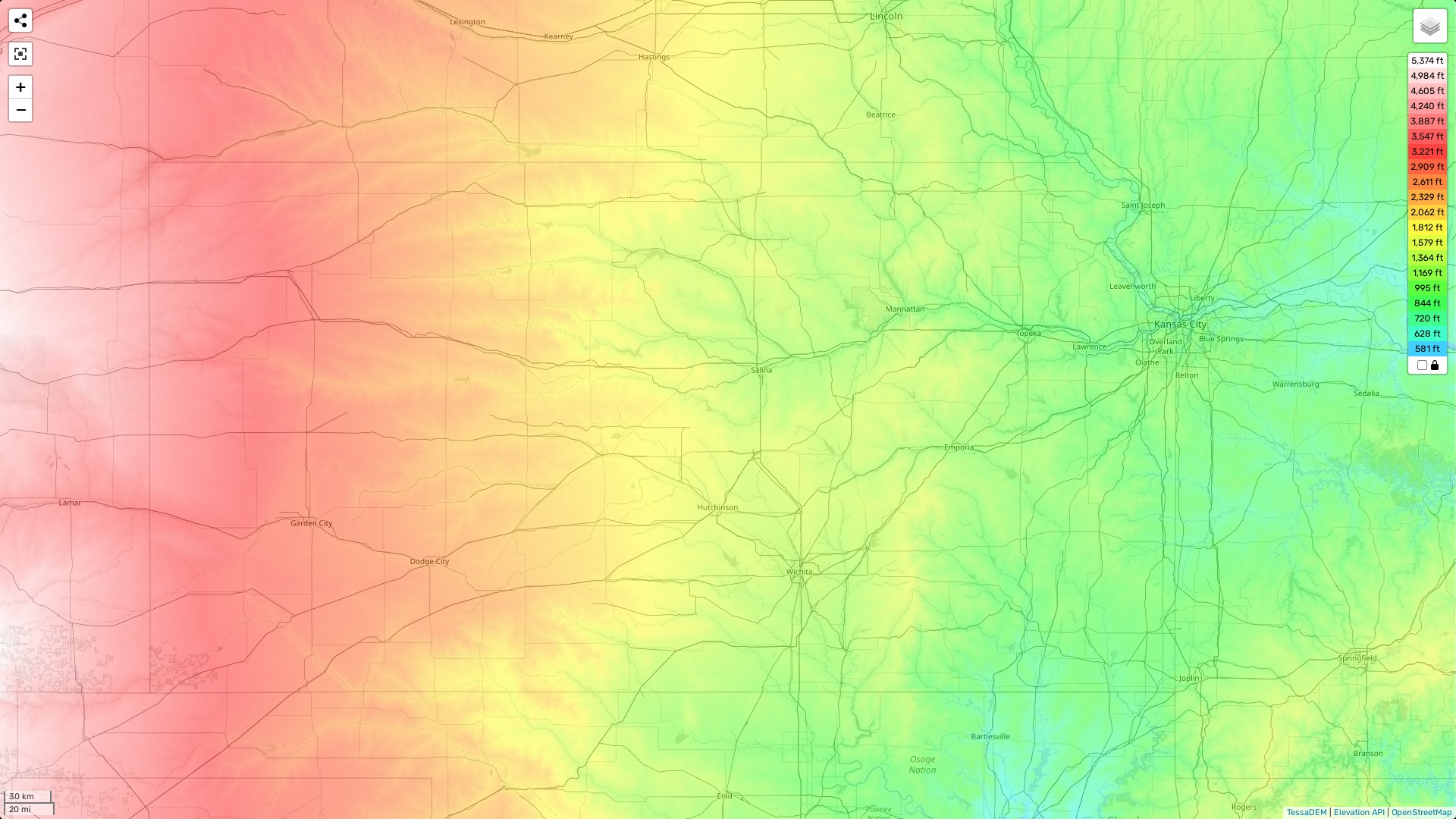 Kansas topographic map, elevation and landscape