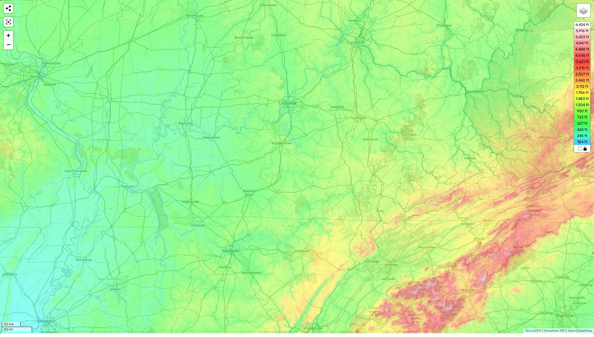 Kentucky topographic map, elevation and landscape