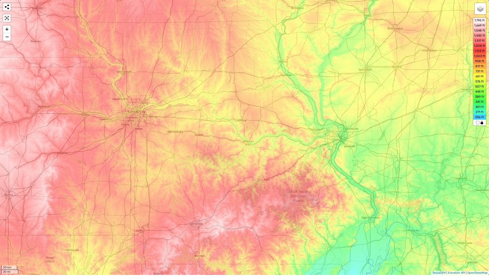 Missouri topographic map, elevation and landscape