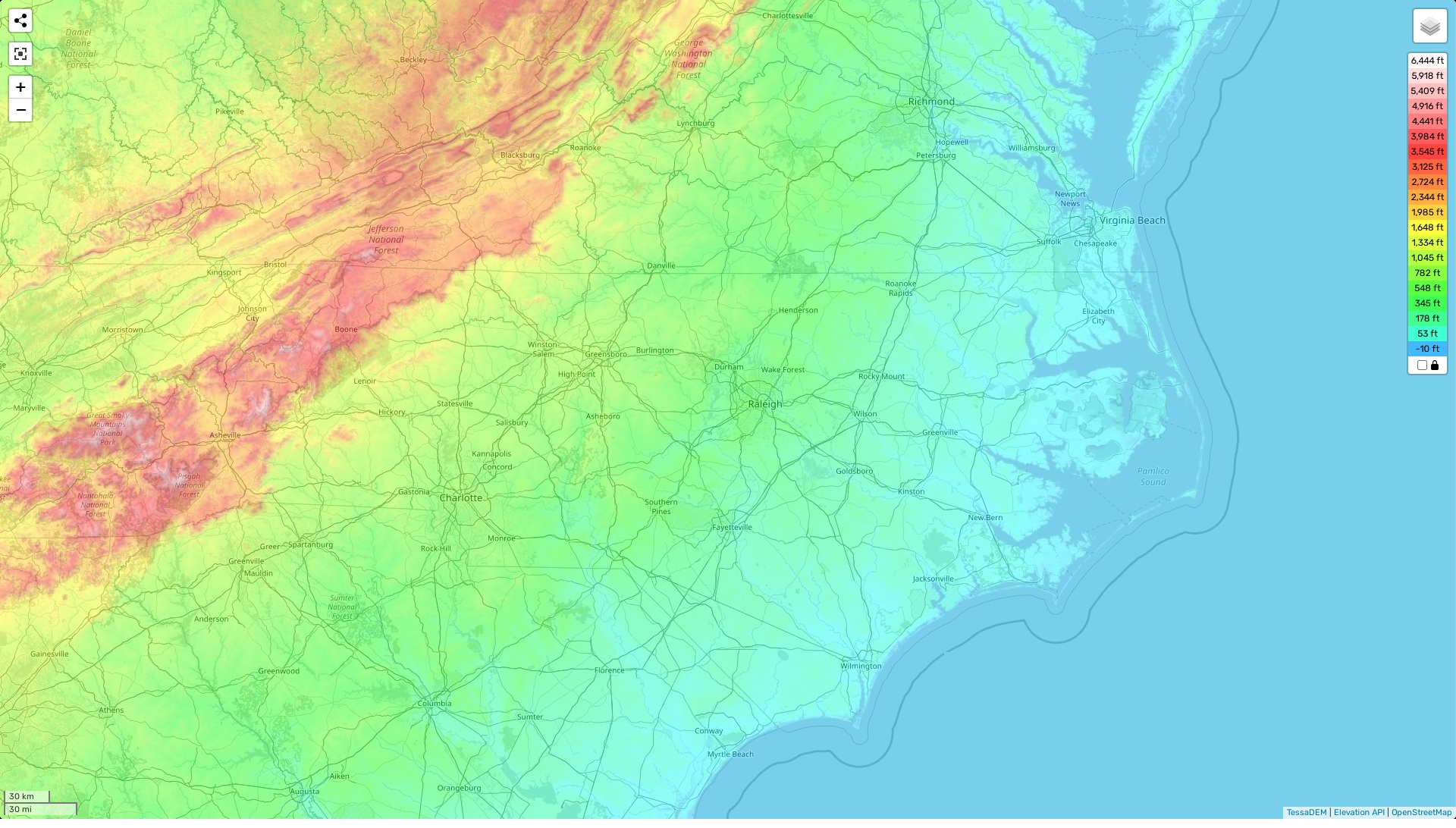 North Carolina topographic map, elevation and landscape