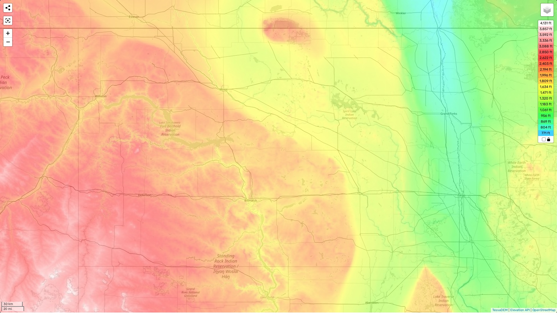 North Dakota topographic map, elevation and landscape